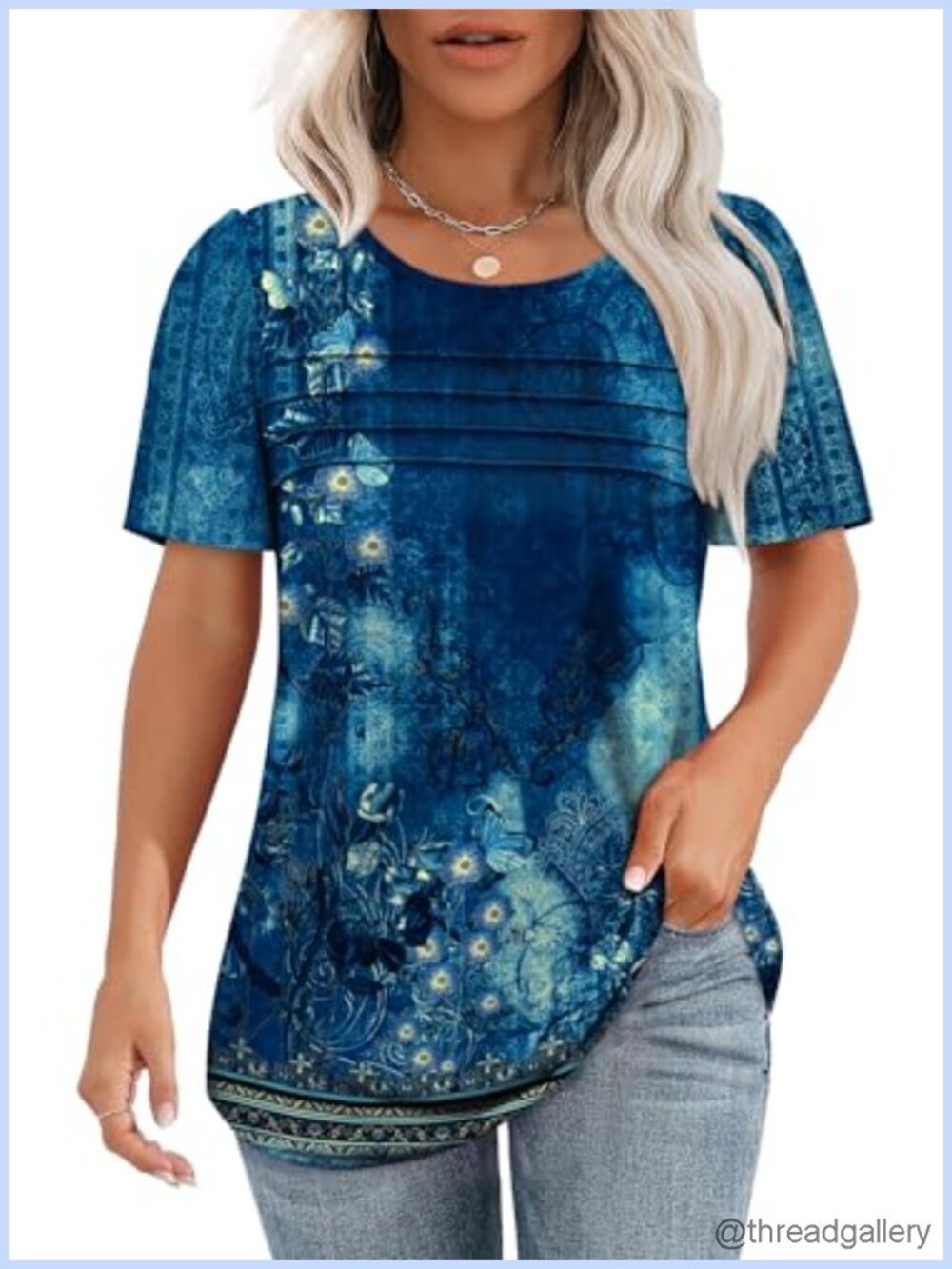 Womens Pleated Front Scoop Neck Short Sleeve Tunic T-Shirt Flowy Loose Fit